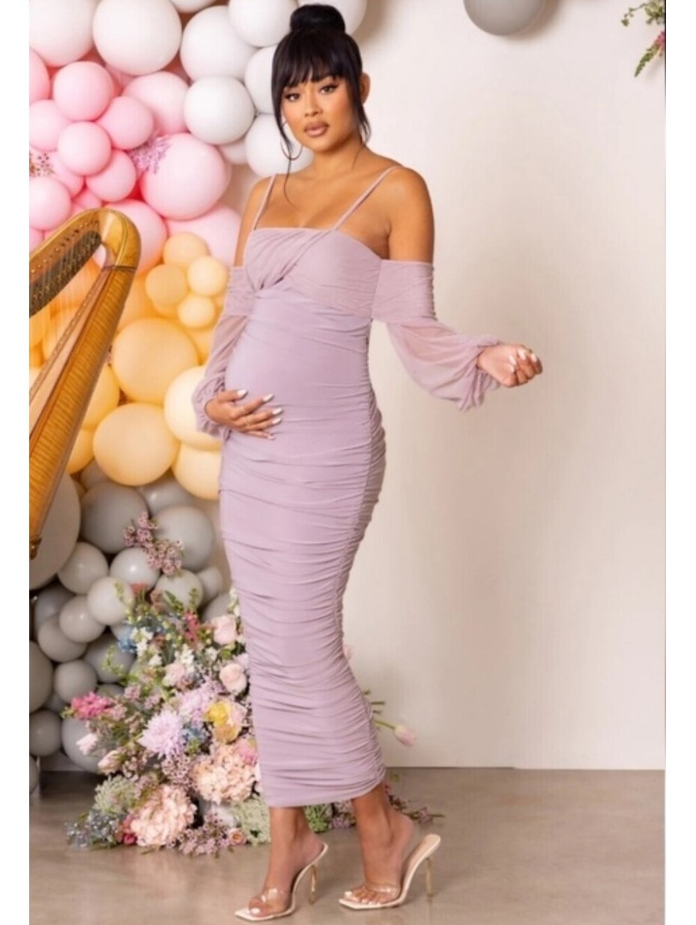 Club L London Announcement Ruched Bardot Maternity Maxi Dress US 6 UK 10 Taupe